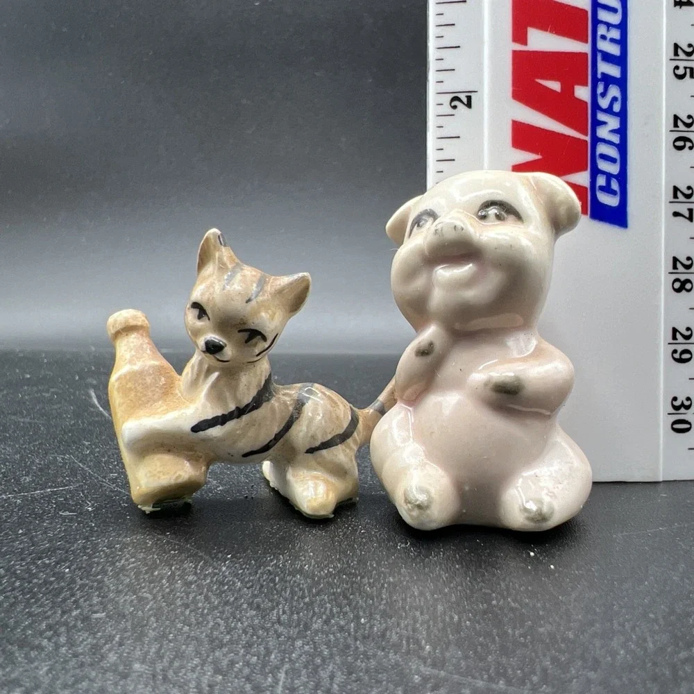 3 Mini Porcelain Figurine Animals Cat Kitten Pig Blue Jay Bird Letterpress Box